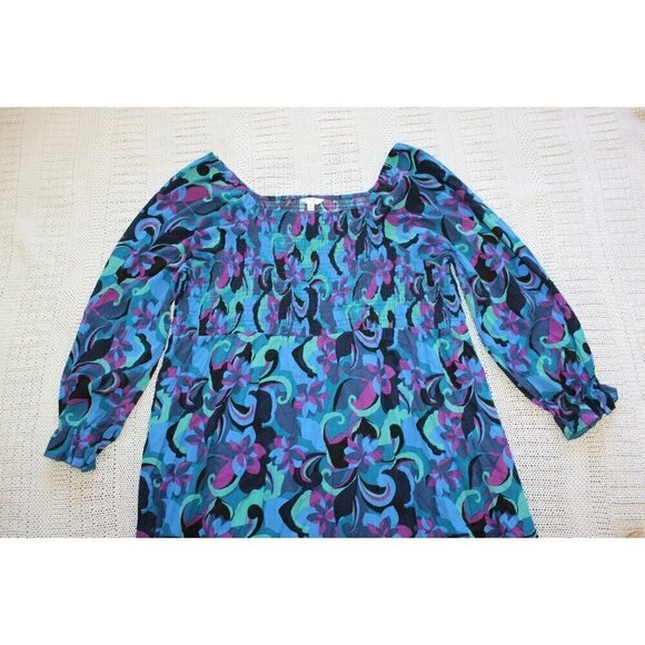 Terra & Sky Multicolor Blue Peasant Midi Dress Plus 4X Square Neck Long Sleeves - Picture 10 of 12